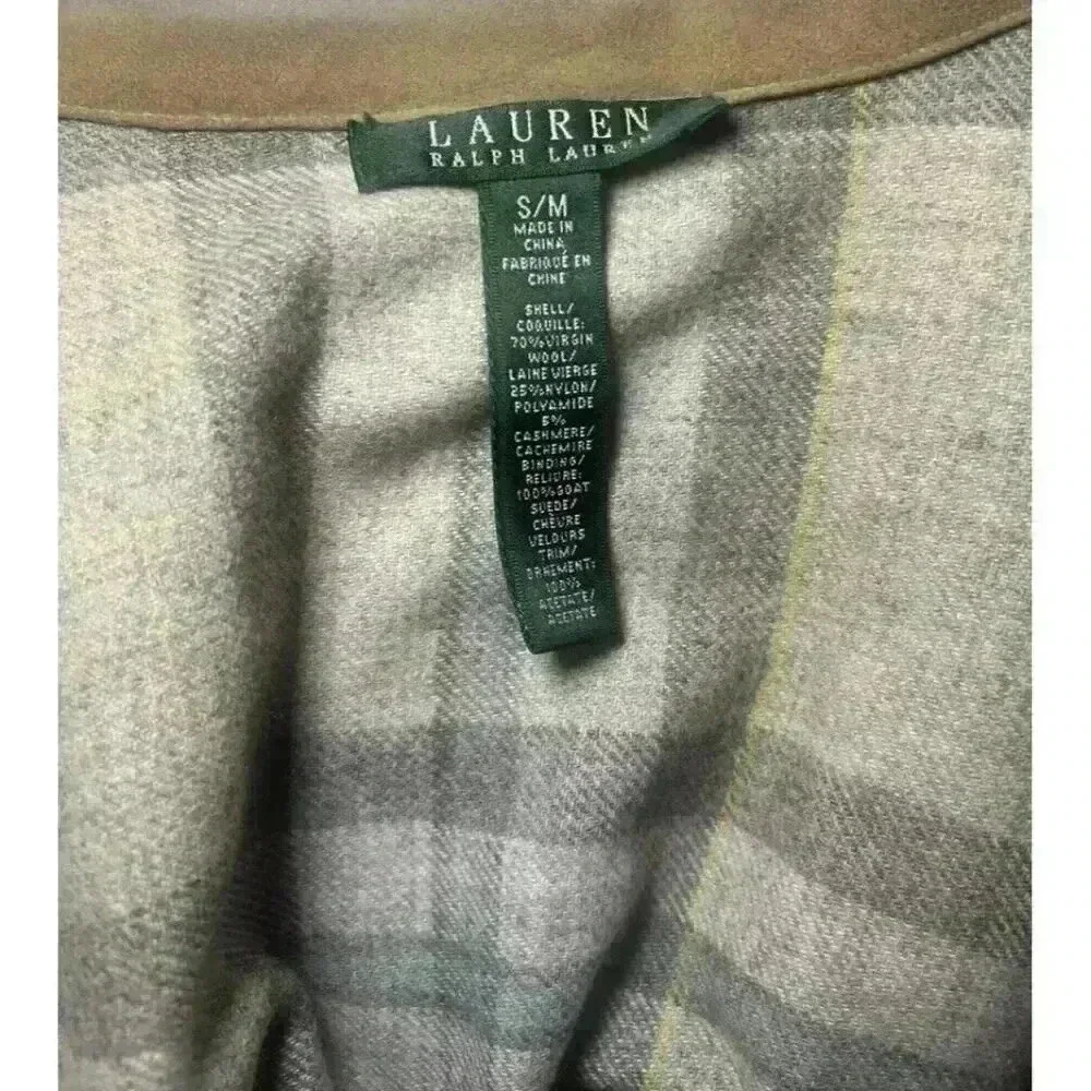 Lauren Ralph Lauren Wool Cashmere Plaid Cape Poncho Suede Trim Gray S/M